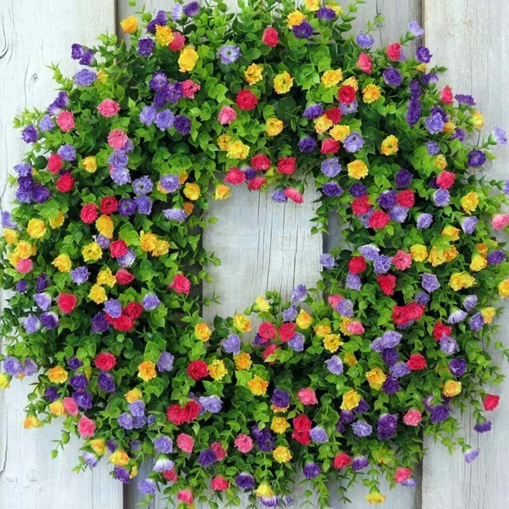 

Farmhouse Colorful Cottage Wreath -Colorful Spring Summer Fake Wreath Summer Colorful Eucalyptus Leaf Artificial Flower Plants