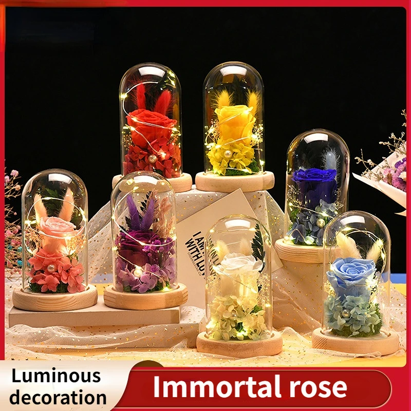 

Artificial Eternal Galaxy Rose glass cover immortal rose simulation flower Led Light Wedding Party Valentine Gifts for Girl