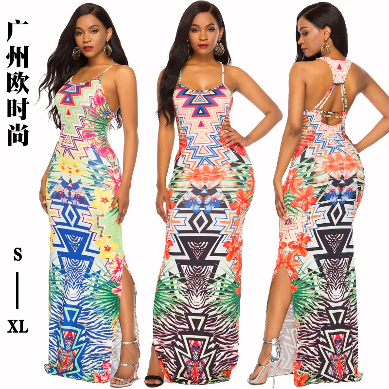 2022 Spring And Summer Women's New Fashion Print Suspender Sexy Tight Hip Wrapped Dress