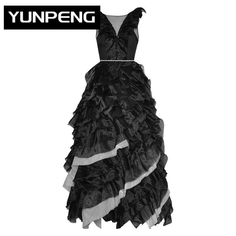 

Женское винтажное платье с круглым вырезом, Черное длинное платье с открытой спиной, бусинами и асимметричными оборками, лето 2019