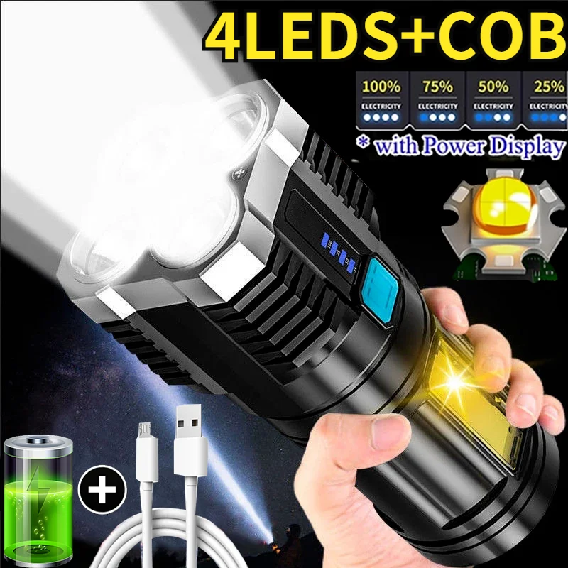

Outdoor High Power 4 Core LED Flashlight Multi-function Portable USB Rechargeable Torch COB Lights Camping Emergency Lighting