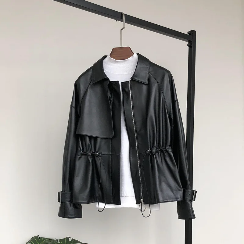 Women Loose Real Leather Jacket Female Black Soft Leather Jacket Street Leather Coat Lady Zipper Jacket Casual Outerwear G21