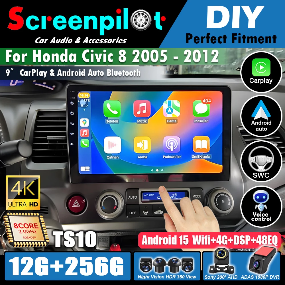 Фото Android 15 для Honda Civic 8 2005-2012 Автомобильный радиоприемник Мультимедийный видеоплеер GPS-навигация Стерео Экран головное устройство Сенсорный экран №1