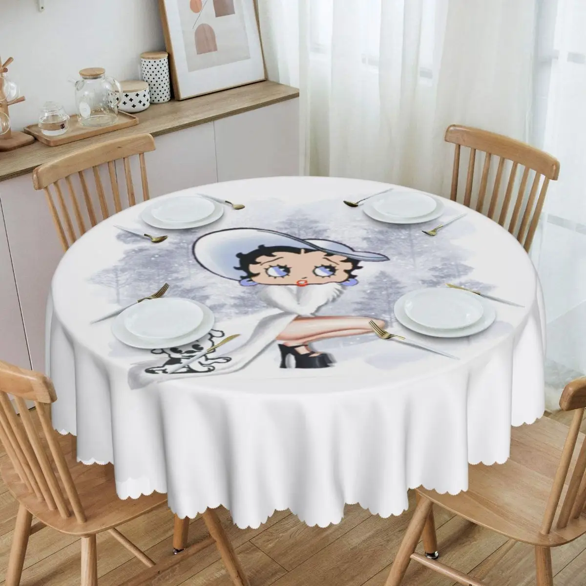

Round Cartoon Graphic Bettys Boop Tablecloth Waterproof Oil-Proof Table Cover 60 inches Table Cloth