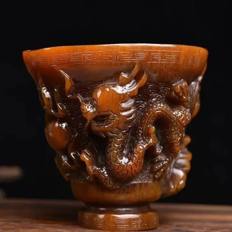 1Pcs Natural Animal Bone Horn Artificial Carving Dragon Cup Carving Decoration Tea Health Cup Play Gift Old Objects Collection