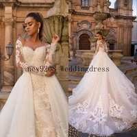 mermaid vintage wedding dresses with detachable train 2 in 1 2022 illusion neckline long sleeve lace bridal gowns