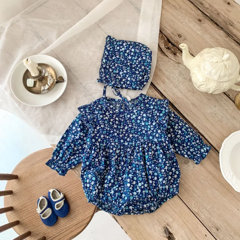 

2023 Spring Baby Clothing Cute Floral Flying Sleeve Infant Girls Bodysuits with Hat Toddler One Piece