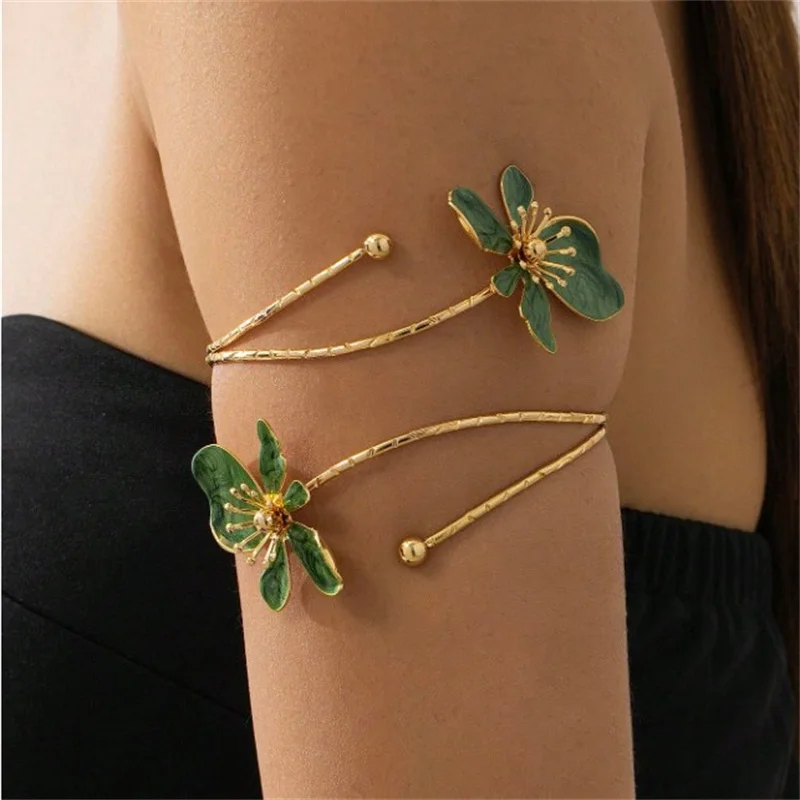 Фото Bohemian Enamel Floral upper arm Bracelet for Women trendy Oil Drip Flower open Cuff Bangle Handmade Party Holiday Jewelry gift №5