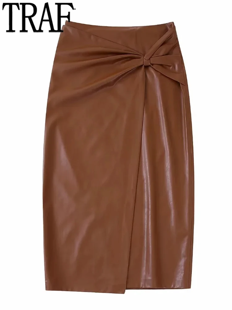 

TRAF Faux Leather Long Skirt Women Knot High Waist Brown Slit Skirt Woman Elegant Fashion Woman Skirts 2022 Autumn Winter Skirts