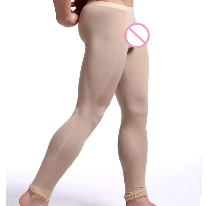 New Men's Sexy Nylon Transparent Long Johns Homme Lce Silk Sheer Leggings Bottoms Gay Spandex Lounge Tights Underwear Homewear