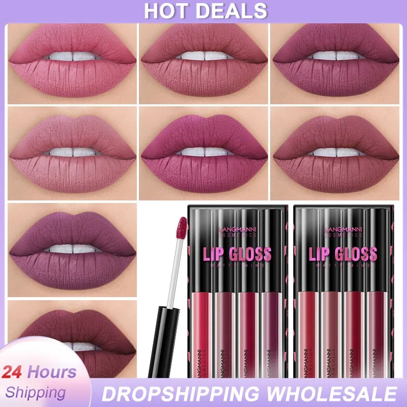 

4Pcs Lip Gloss Gift Sets Matte Long Lasting Lip Glaze Moisturizing Waterproof Non-stick Cup Liquid Lipsticks Cosmetics Kit TSLM1