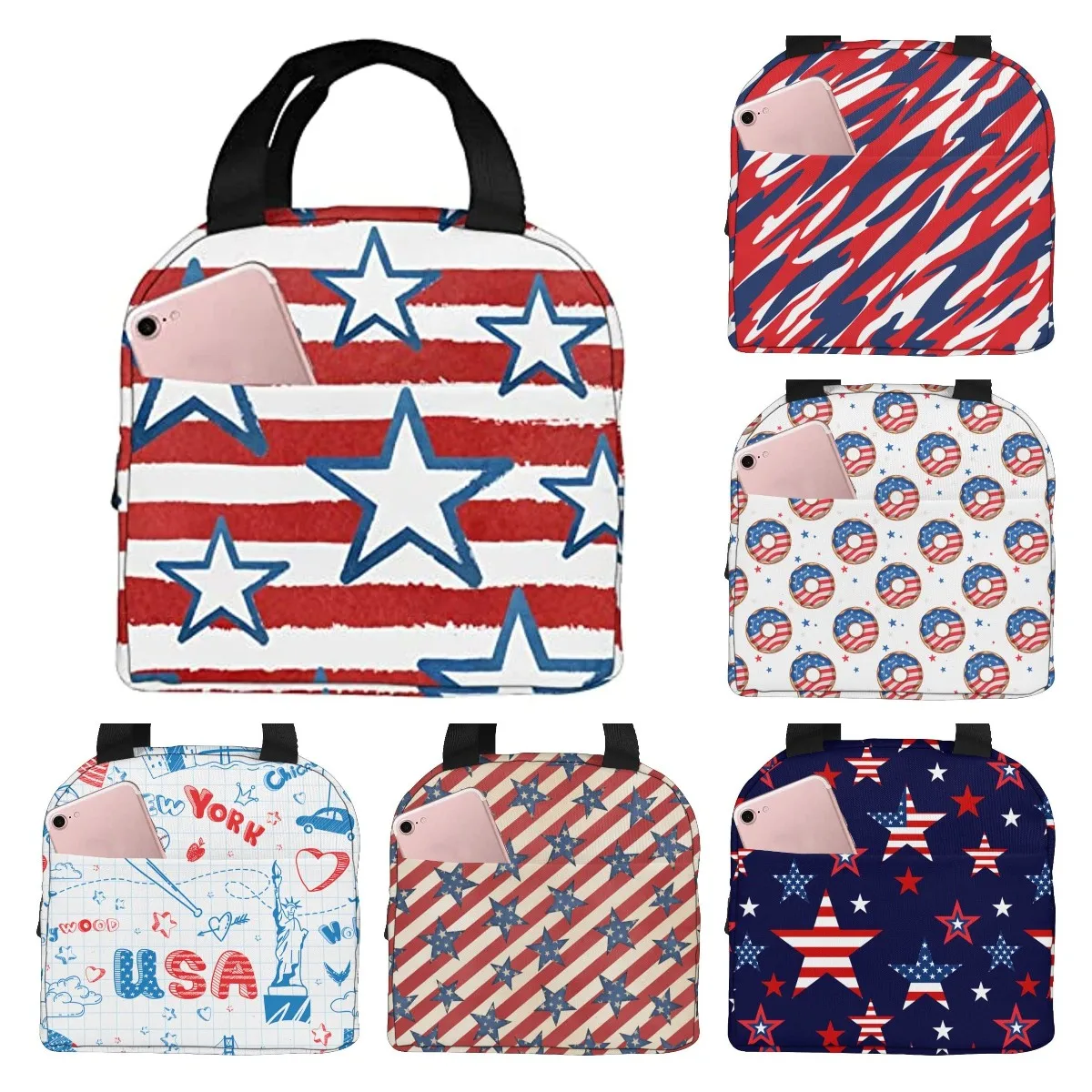 

Happy 4th of July USA Independence Day Portable Lunch Bag for Women Men Insulated Cooler Tote Bag for Picnic School Office