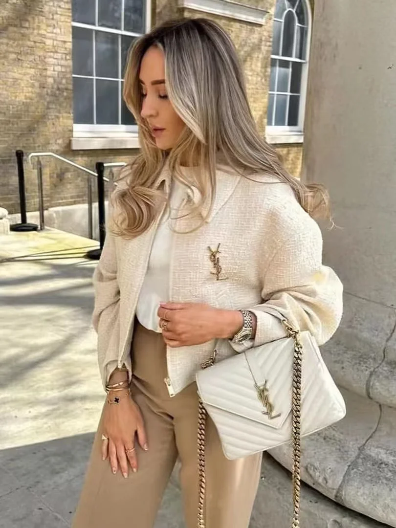

2023 Autumn Elegant Cropped Tweed Jacket For Women Chic Short Jackets Female Solid Turn-Down Collar Coats Vintage Street Outwear