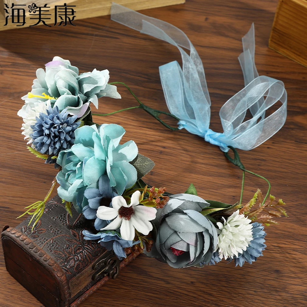 Haimeikang Blue Design Floral Headband Garland Flower Wreath Bride Women Flower Crown Wedding Ribbon Band Girl Hair Accessorie