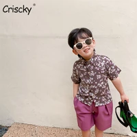 criscky summer fashion tops floral blouse for girls boys solid color girls shorts lapel unsex 2pcs costume for girls