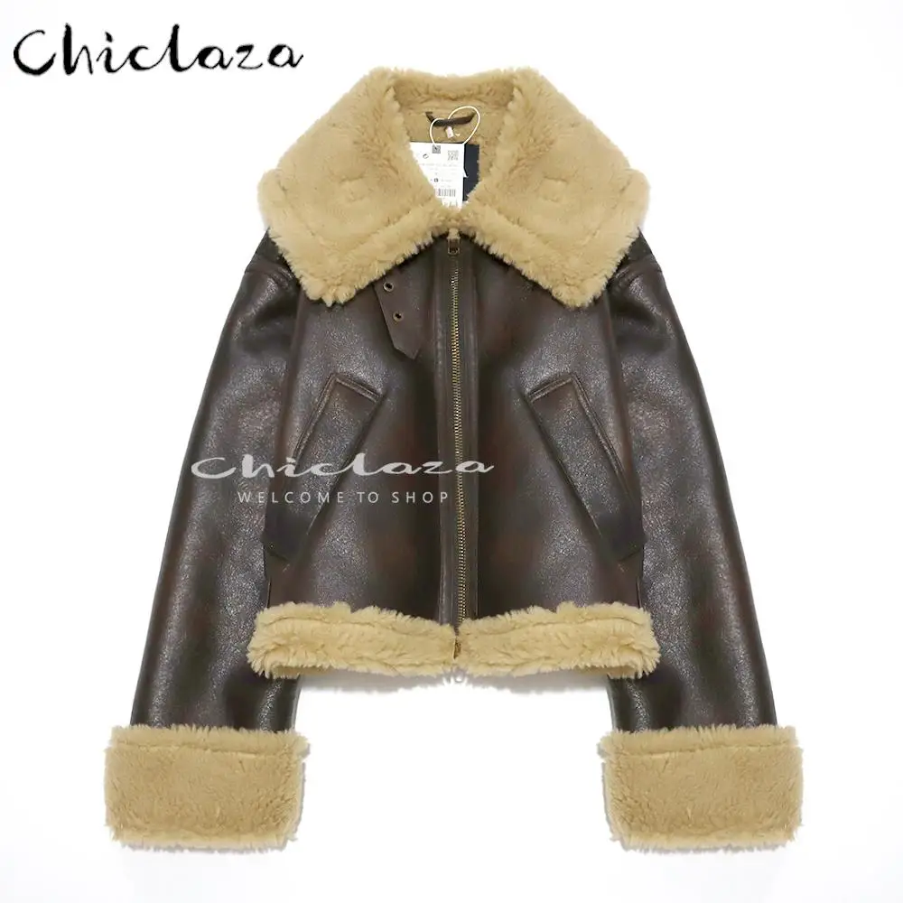 

CHICLAZA 2022 зимняя женская модная Толстая теплая куртка из искусственной кожи пальто Женская Повседневная однотонная верхняя одежда на молнии ...