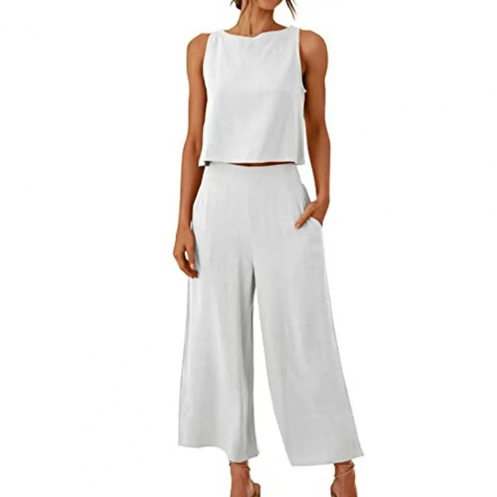 

Summer O-neck Cropped Tops Long Pants Set Stylish Women's 2-piece Set Sleeveless Cropped Tops Wide Leg Pants for A Loose Fit