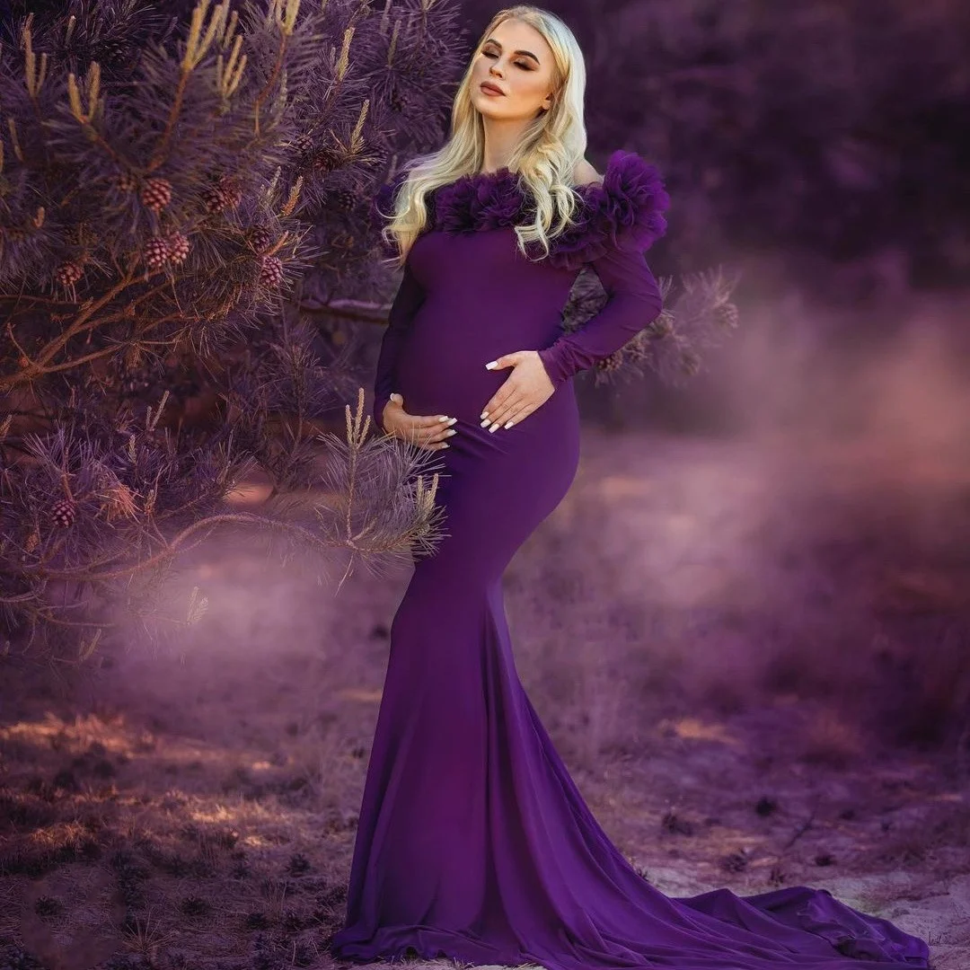 

Romantic Purple Prom Dresses for Women Ruffled Long Sleeve Mermaid Evening Gowns Photoshooting Maternity Robes