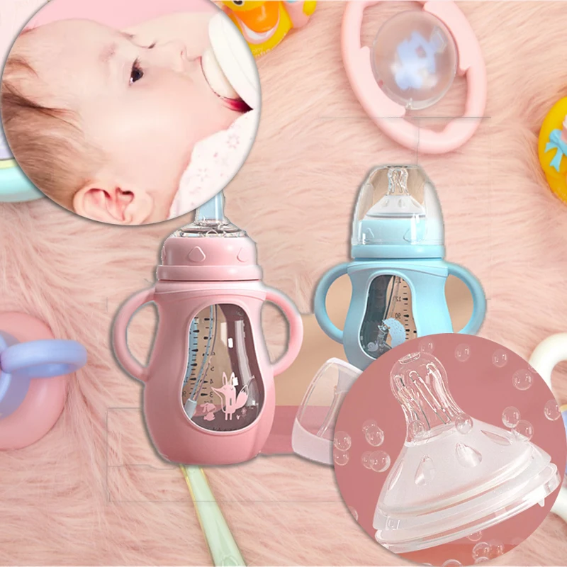 

Baby glass bottle newborn wide-caliber pacifier with straw silicone anti-fall sleeve baby feeding weaning artifact water bottle