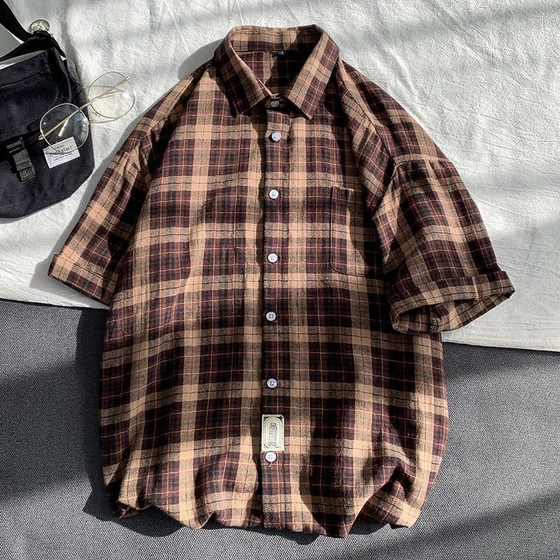

Checkered shirts for men Summer short sleeved leisure slim fit Plaid Shirt square collar soft causal male tops with