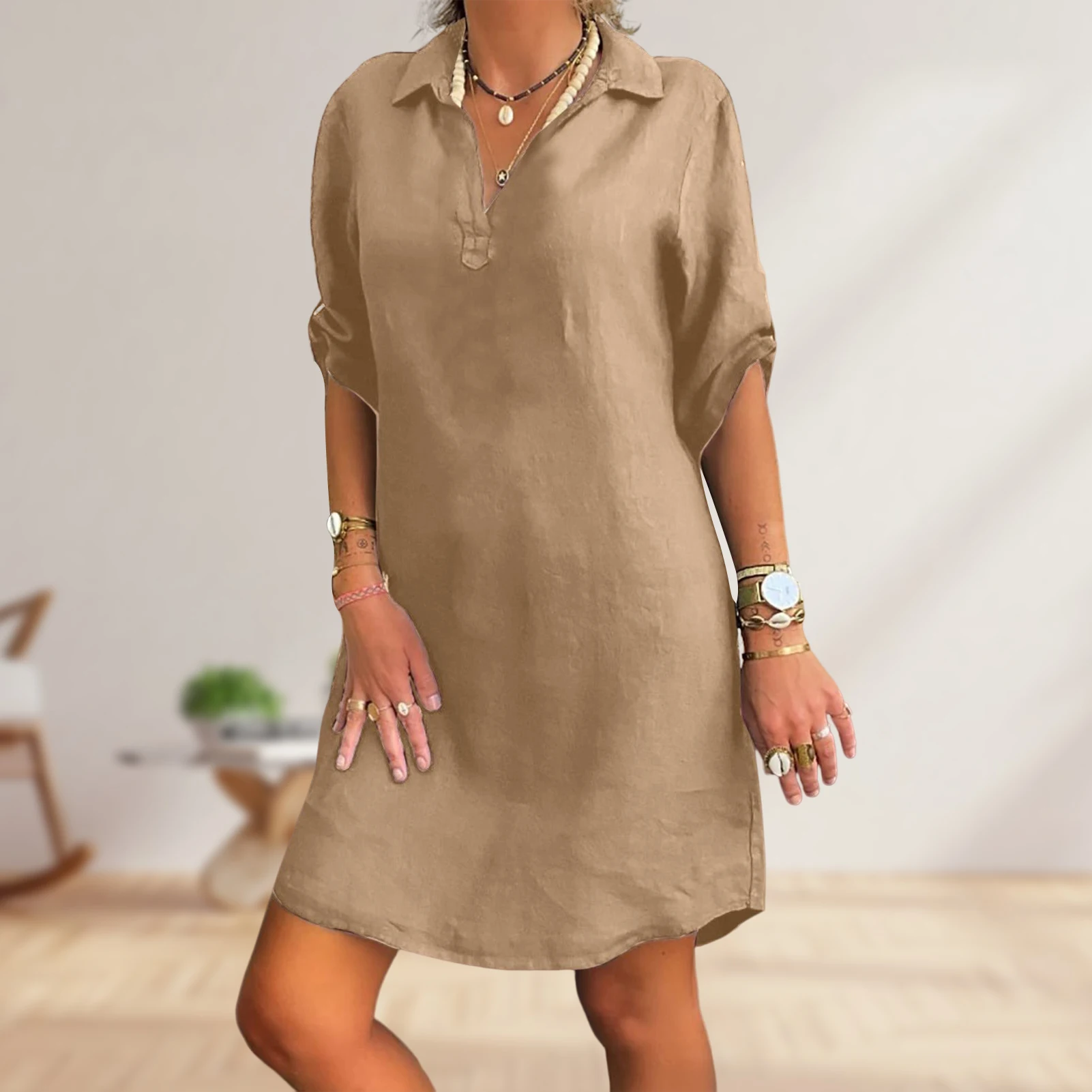 

Summer Short Dress Women Elegant Sexy Dress Solid Color Cotton Linen Casual Style Lapel Collar Half Sleeve Daily Outfit