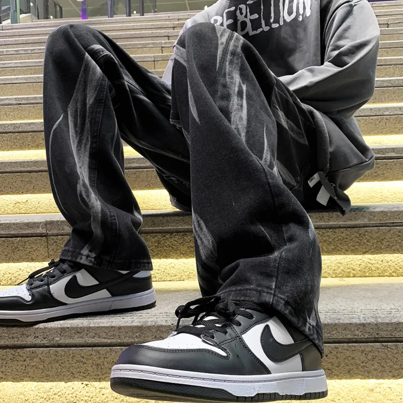 S-5XL Blue/Black Jeans Men's Fashion Retro Tie Dye Jeans Men Streetwear Loose Hip Hop Straight Denim Pants Mens Trousers