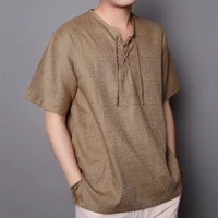 men linen cotton t shirt summer fashion casual shirts loose breathable comfortable lace up plus size male clothing