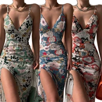 2022 summer new printing womens dress print backless slit suspender long vestidos holiday beach party sexy straps female gown
