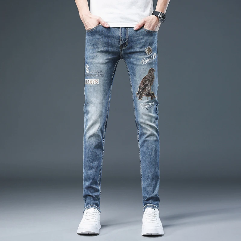 

Men's Jeans Y2K Personalized Street Fashion Blue Pants Fashion Embroidery High Quality Slim Fit Elastic Straight Leg Denim Pants