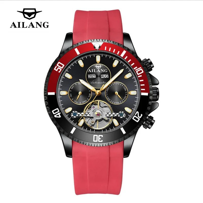 AILANG Waterproof Red Silicone Strap Luminous Clock Men's Automatic Mechanical Watch Fashion Tourbillon Watch Week Calendar 8202