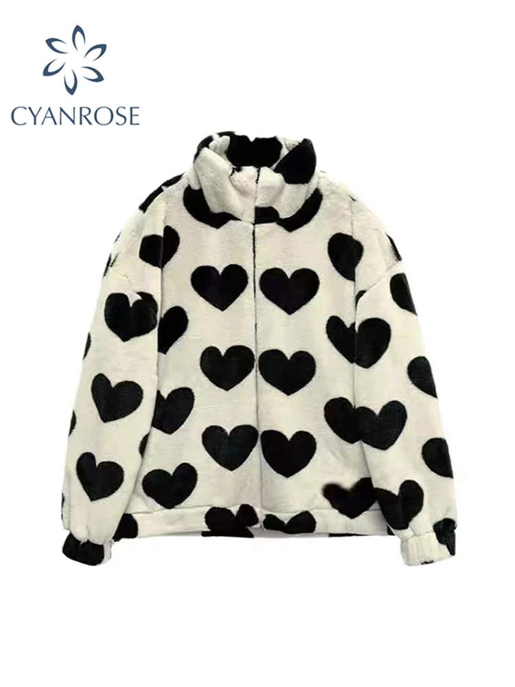 

Women 2022 Autumn Winter Heart-shaped Print Plush Jacket Korean Large Size Long Sleeve Hooded Coat Thick Warm Couple Streetwear