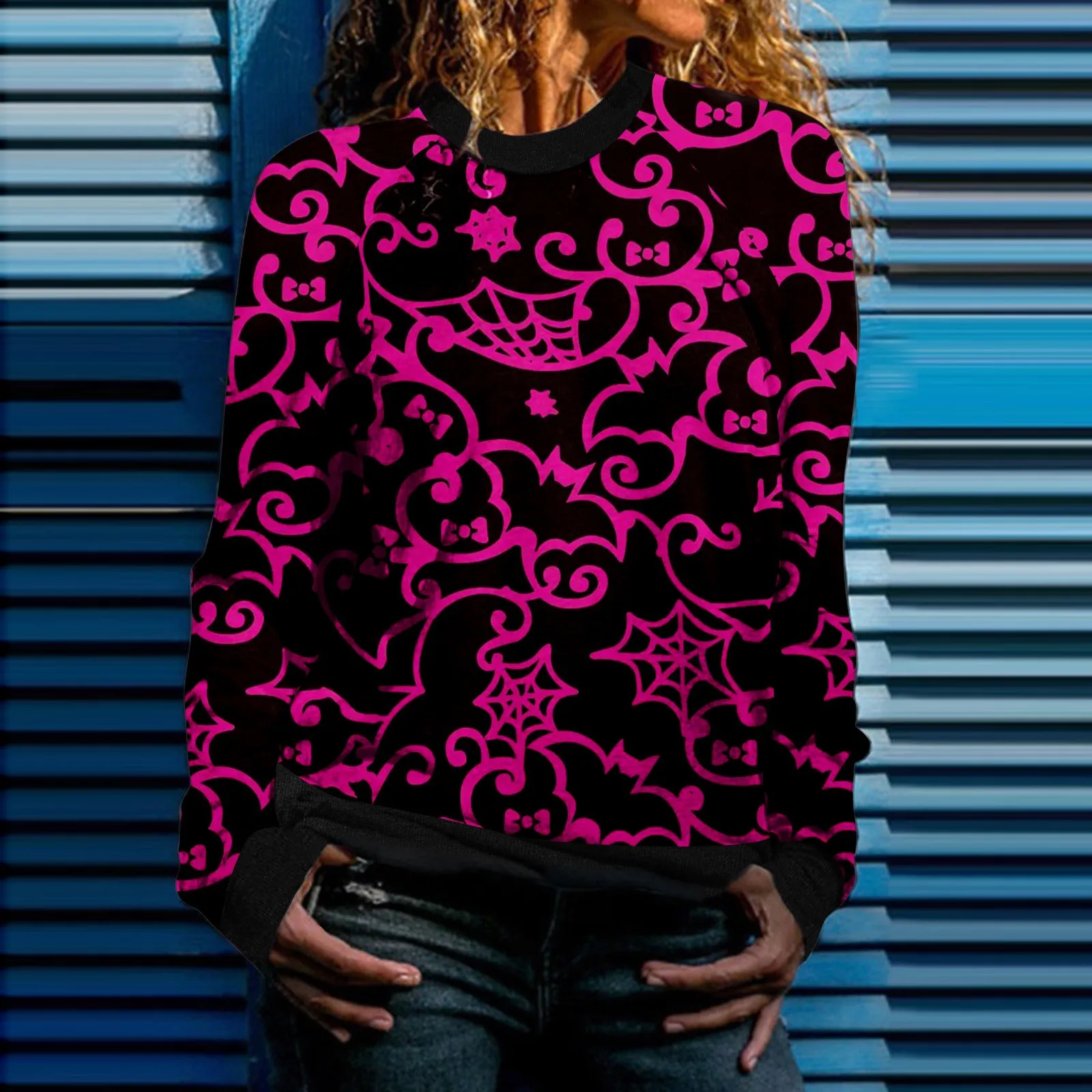 

Womens Casual Halloween Print Long Sleeve Round Neck Sweatshirt Loose Tops 80s Sweatshirts for Women