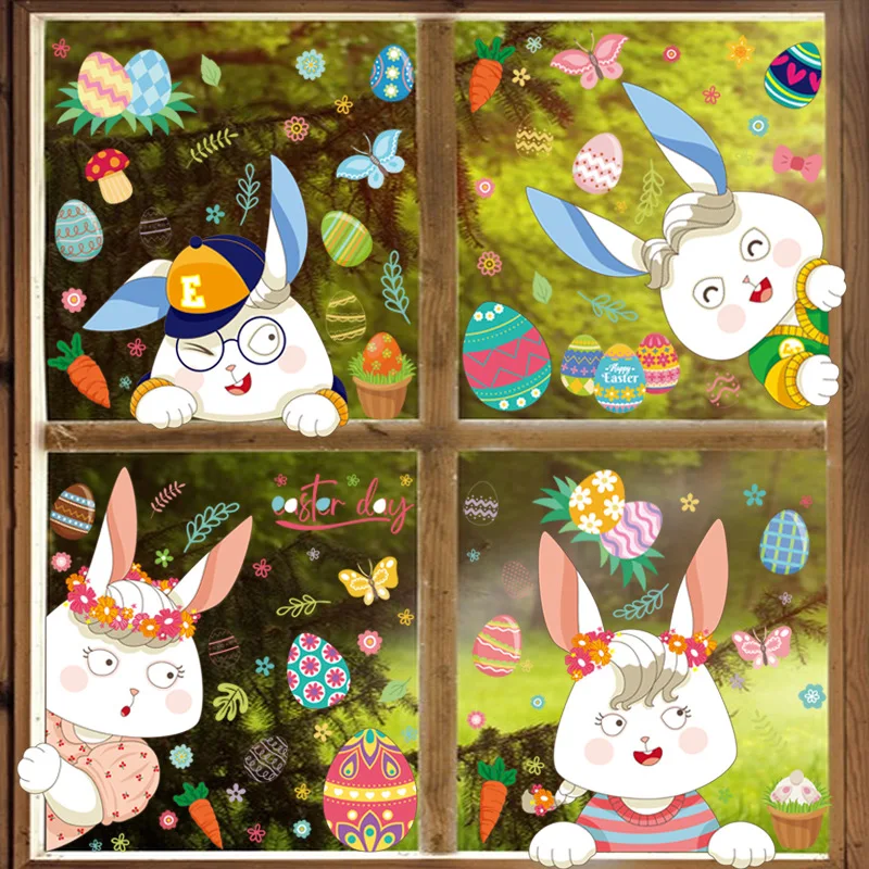 

Happy Easter 2023 Decoration Cartoon Rabbit Window Glass Stickers Bunny Eggs Carrot Kids Happy Easter Day Party Decor For Home