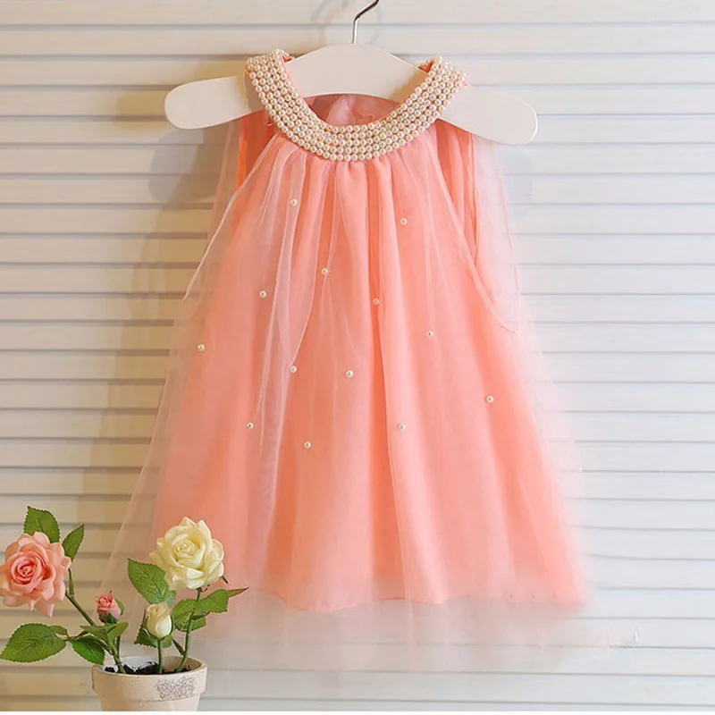 

Toddler Baby Girl Dress Summer New Mesh Sleeveless Beading Fashion Dress Infant Fashion Princess Dress