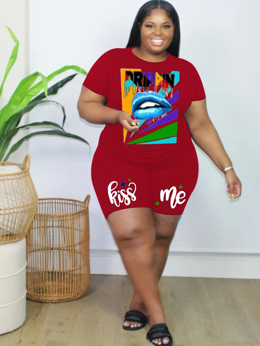 LW Plus Size  Shorts Set Lip Letter Print Female Polyester Casual Regular Short Sleeve O Neck Matching Outfits