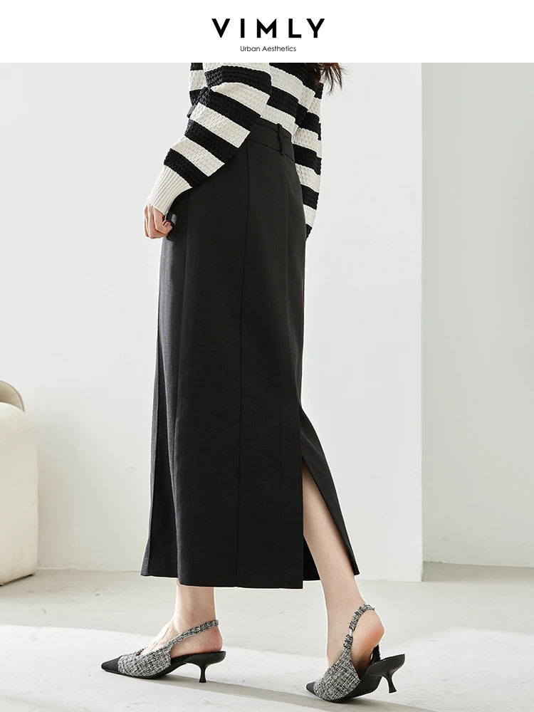 Женская прямая Макси-юбка с разрезом Vimly черная однотонная Повседневная