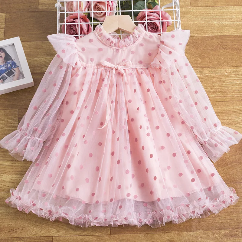 

Polka Dots Mesh Dresses For Girls Children’s Clothing Turtleneck Full Sleeved Ruched Princess Dress Causal Children Clothing