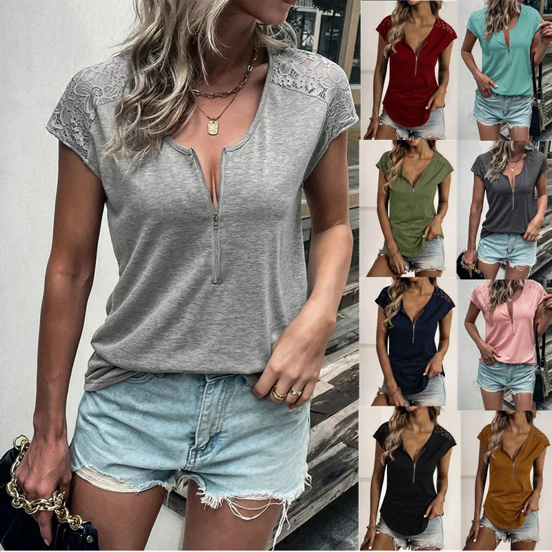 

2023 Summer New Fashion Solid Color Round Neck Half Zipper Stitching Lace Short-Sleeve T-Shirt Women's Bottoming Pullover Tops