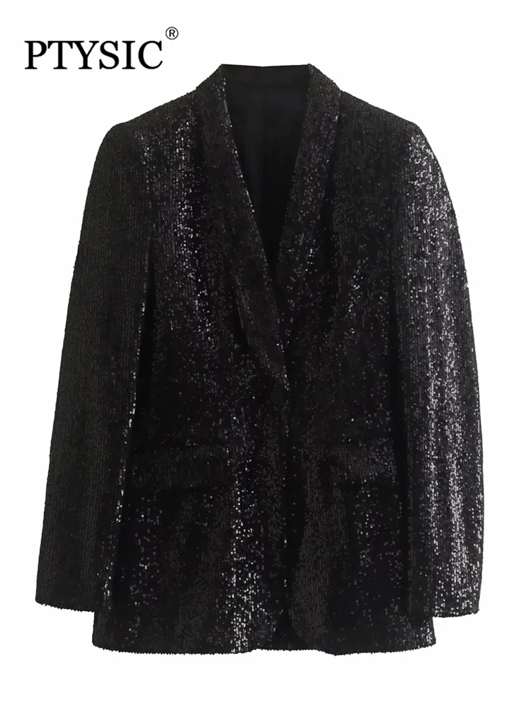 

PTYSIC Women Fashion Black Fitted Blazer With Sequins Tailored Blazer With Lapel Collar Long Sleeves Flap Pockets Coat Outerwear