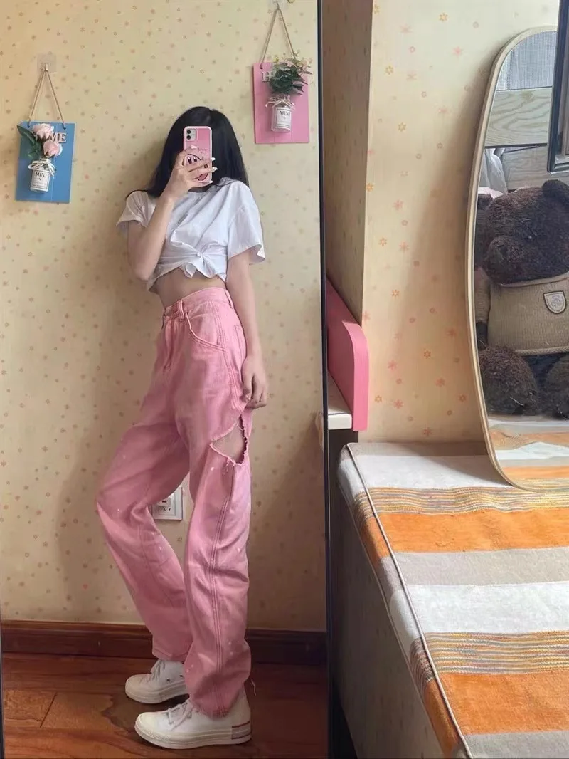 New In Pink Ripped Jeans Vintage Y2K Women's High Waist Gothic Pants Wide Legs Baggy Fashion HippieTrousers