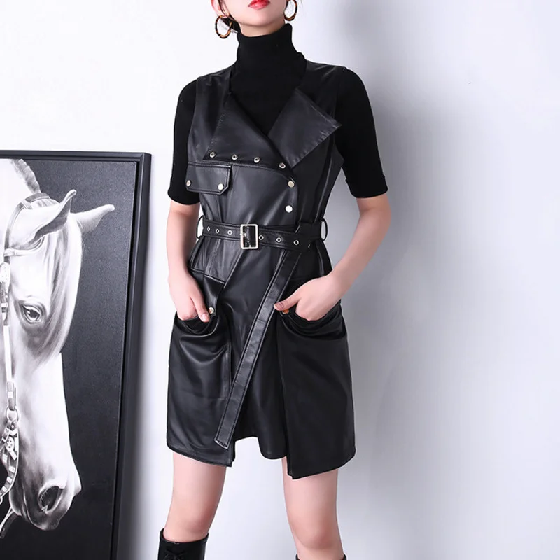 

Dress Leather Skirt New Fashion Leather Sheepskin Sleeveless Motorcycle Casual Lapel Belt Large Pocket Vest Women's Dress