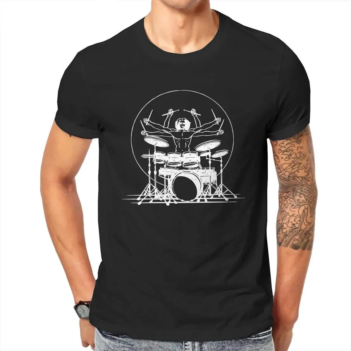 Funny Da Vinci Drummer T-Shirts Men Cotton T Shirt Vitruvian Man Playing The Guitar Short Sleeve Tees Plus Size Tops