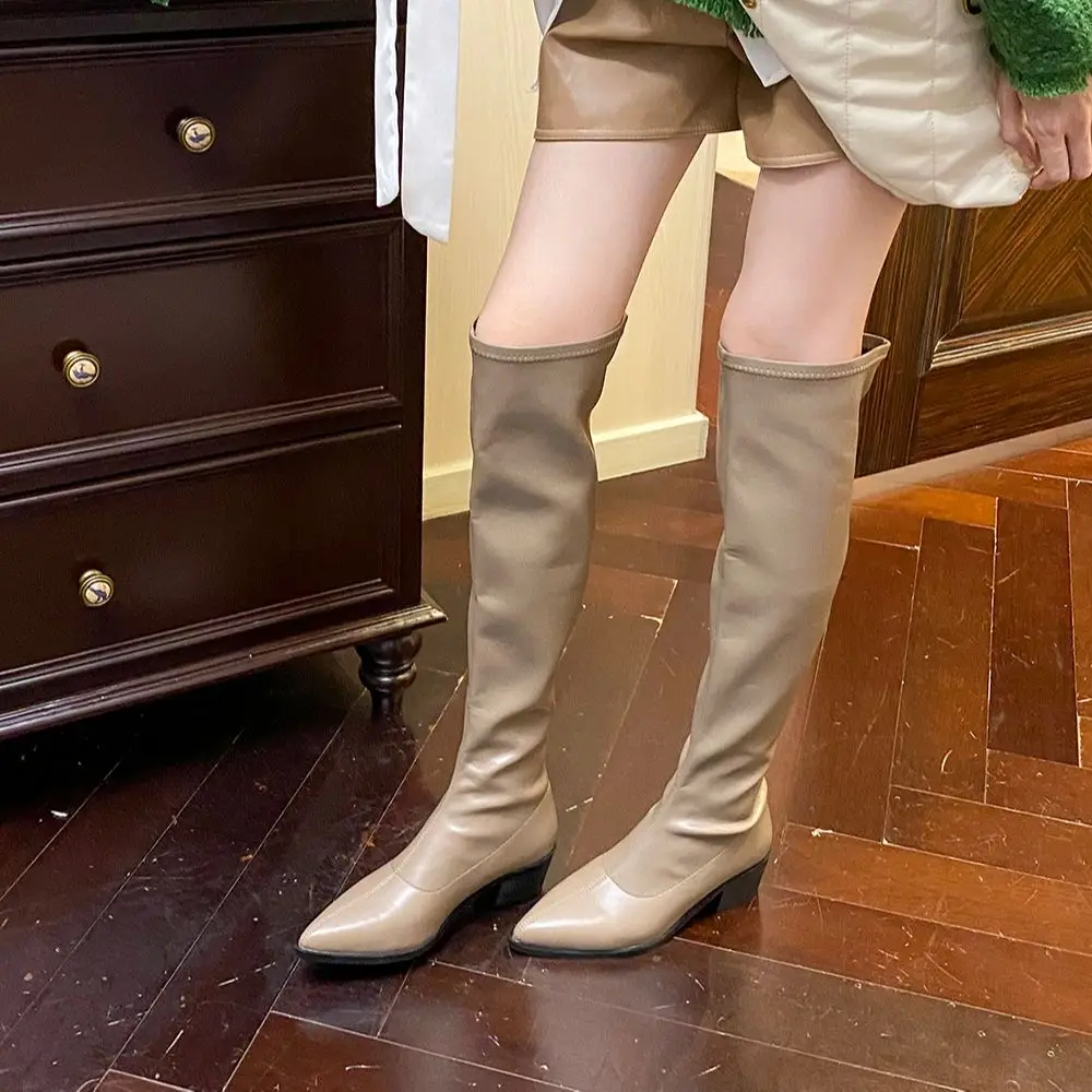 

Женские ботфорты с острым носком, черные, коричневые или цвета хаки сапоги стрейч на толстом среднем каблуке, без застежки, Зимние Туфли-лод...