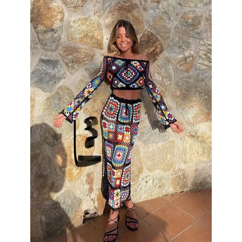 European and American National Wind Hand Knitted Navel Hook Flower Hollow Out Slim Retro Long Sleeve Jacket Skirt Fashion Suit