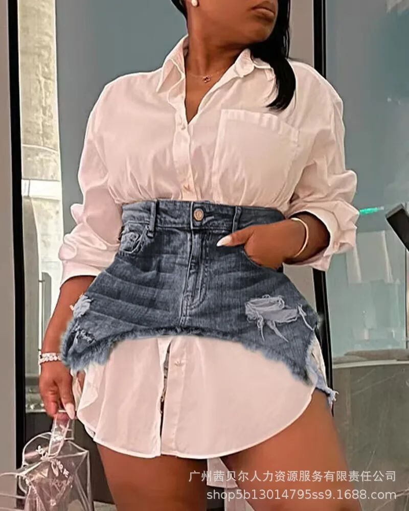 

Long Sleeve Shirt Dress With Ripped Denim Skirt Women 2pcs Clothes Suit Spring Summer Set Casual Shirts High Waist Skirt