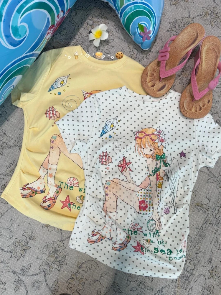Фото Футболки Deeptown в японском стиле Kawaii Y2k, женские футболки с принтом в горошек в стиле Харадзюку, футболка Juminocore Cutecore с короткими рукавами, облегающая футболка Slim Up №1