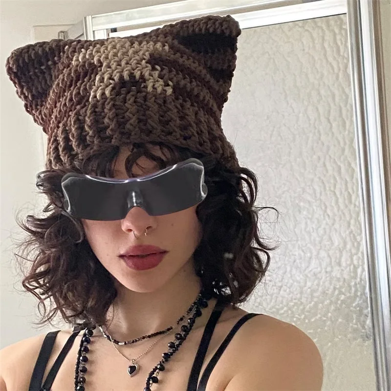 

Женская вязаная крючком шапка Y2K ручной работы, милая шапка с рисунком звезд, кошачьих ушей, дьявола, осенне-зимние теплые облегающие шапки