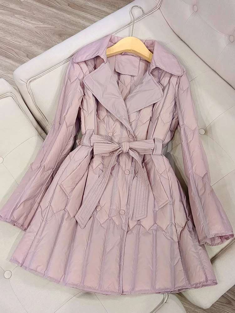 

Fitaylor Winter Women White Duck Down Coat Casual Sash Tie Up Coat Female Turn-down Collar Double-breasted Long Jacket
