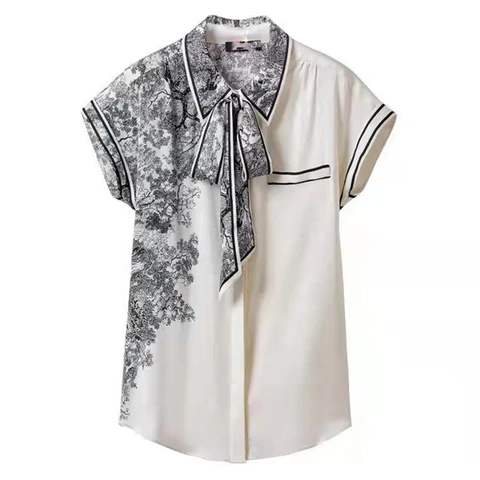 Женская атласная блузка с бантом на воротнике, элегантная Свободная шифоновая блузка с коротким рукавом и китайским чернильным принтом, на пуговицах, в винтажном стиле, 2XL, на лето