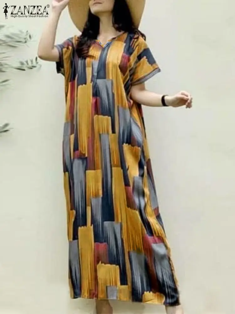 

Vintage Kaftan Sundress ZANZEA Casual Loose Maxi Dress Women Fashion Printing Round Neck Vestidos 2023 Summer Short Sleeve Robe